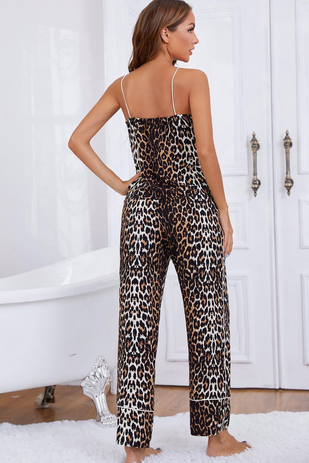 Leopard Contrast Piping Cami and Wide Leg Pants Lounge Set XCLSVAFASHION