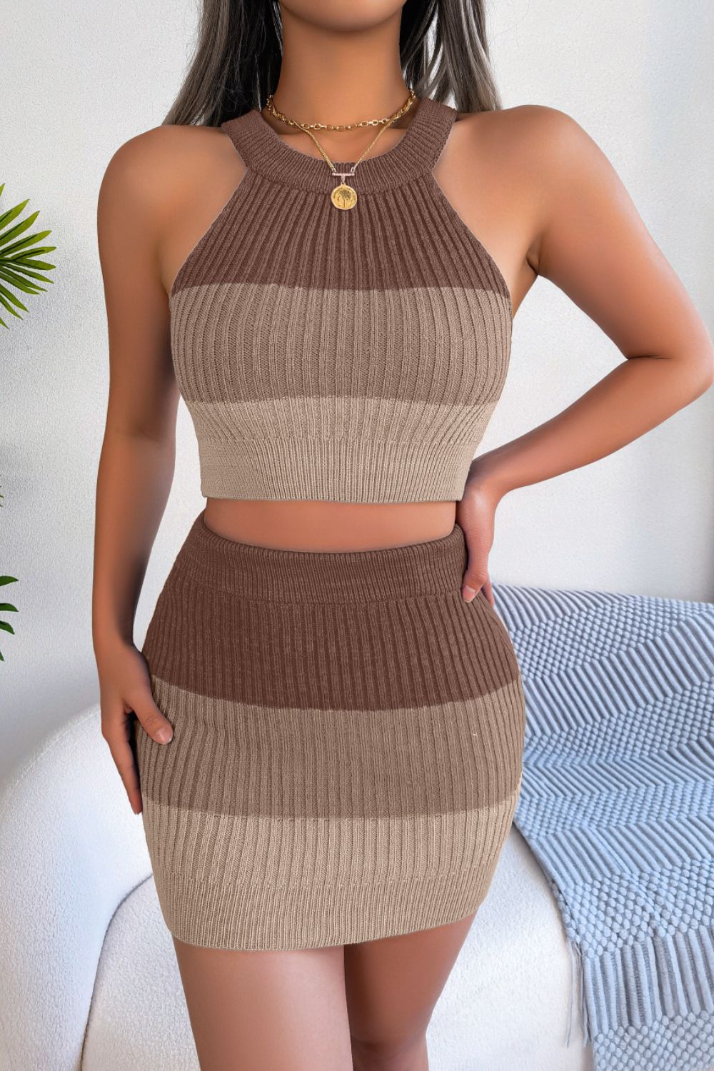 Fashionista Color Block Sleeveless Crop Knit Top and Skirt Set