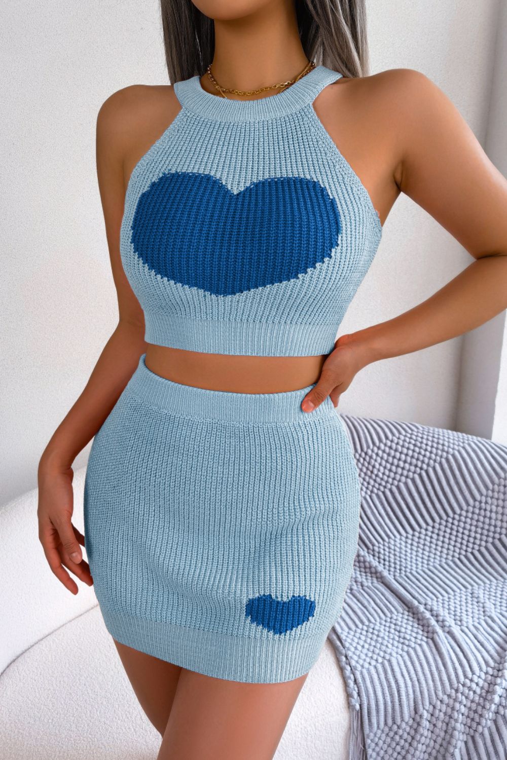 Fashionista Heart Ribbed Sleeveless Knit Top and Skirt Set