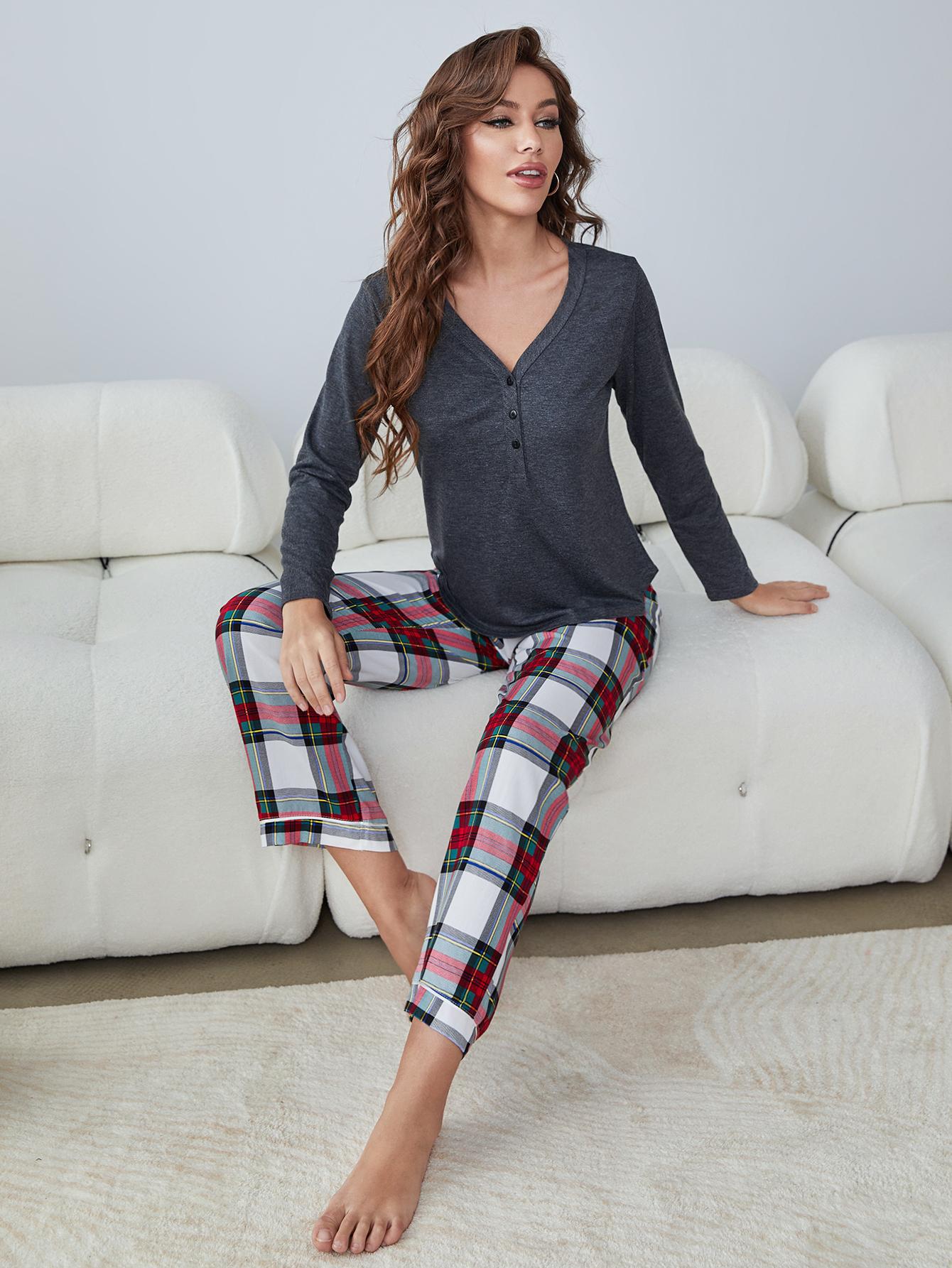 Buttoned Long Sleeve Top and Plaid Pants Lounge Set XCLSVAFASHION