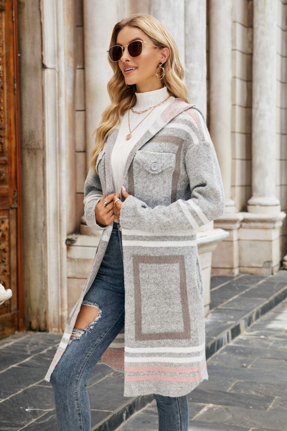 Printed Open Front Hooded Longline Cardigan XCLSVAFASHION Perfect for Valentine's Day 2024