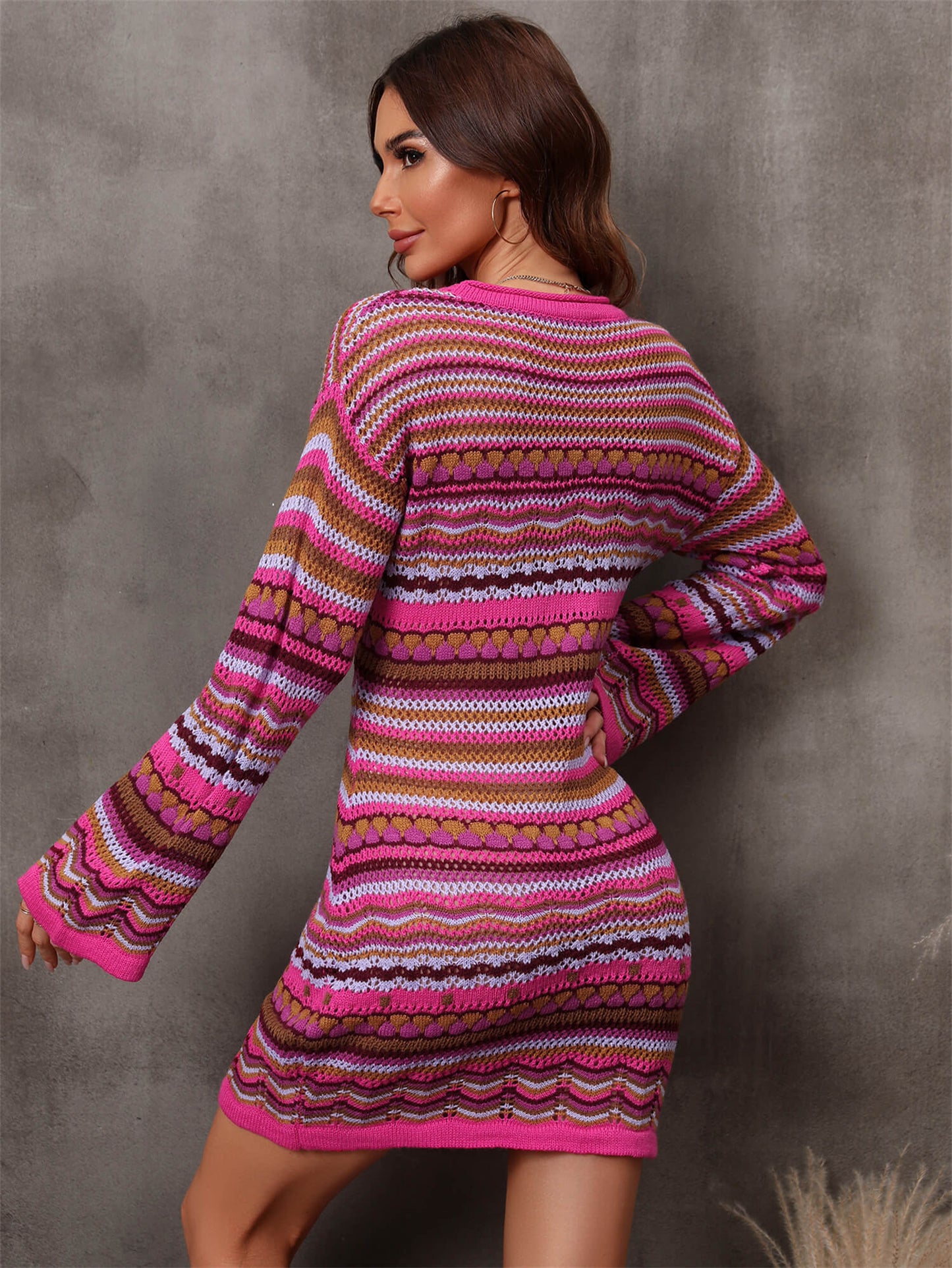 Multicolored Stripe Dropped Shoulder Sweater Dress XCLSVAFASHION