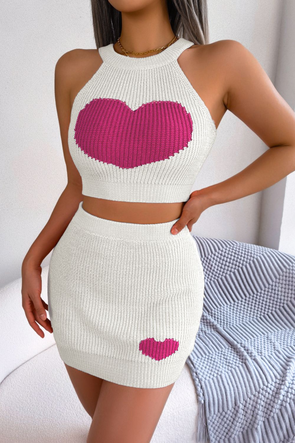 Fashionista Heart Ribbed Sleeveless Knit Top and Skirt Set