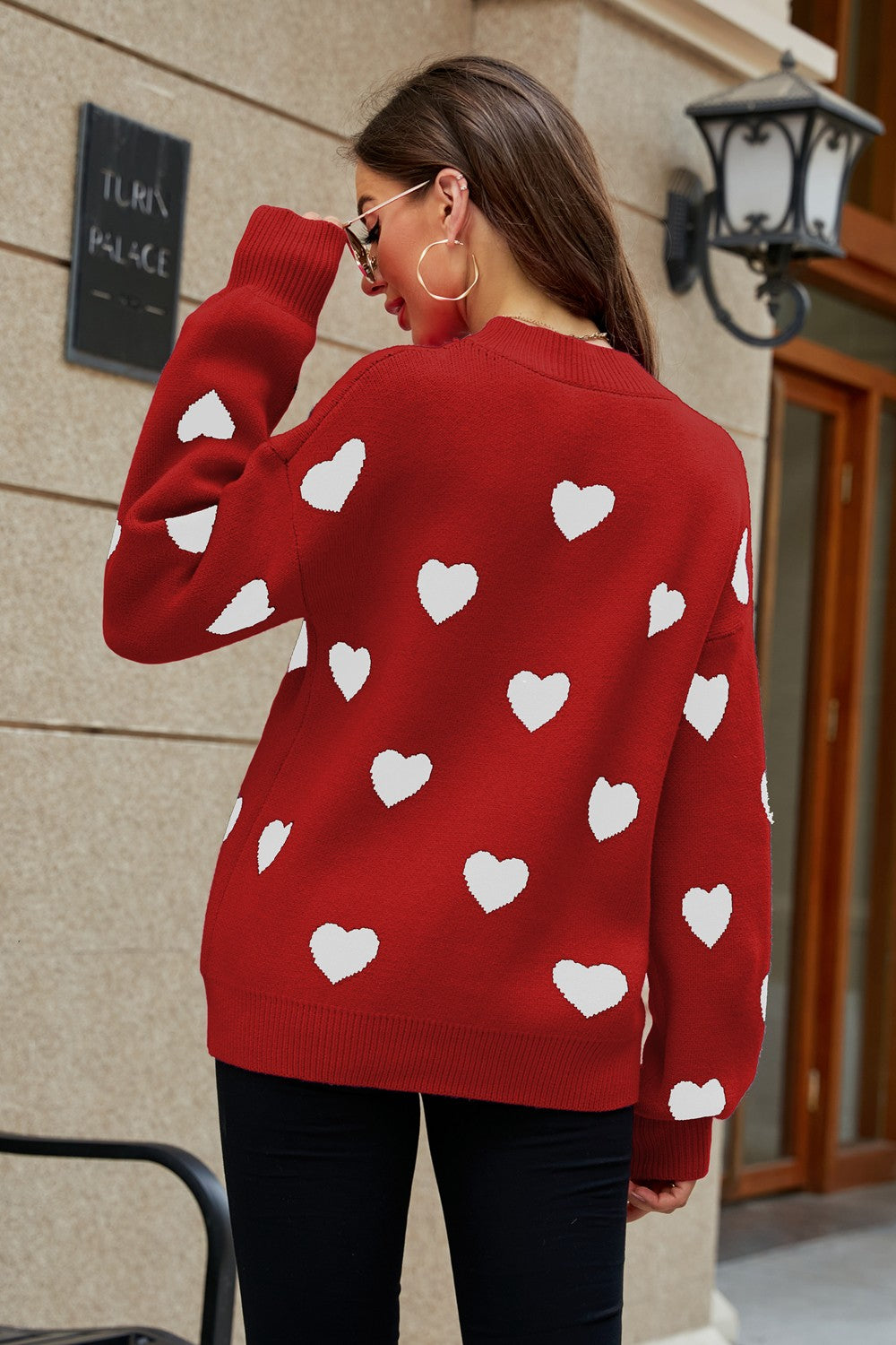 Heart Pattern Lantern Sleeve Round Neck Tunic Sweater XCLSVAFASHION