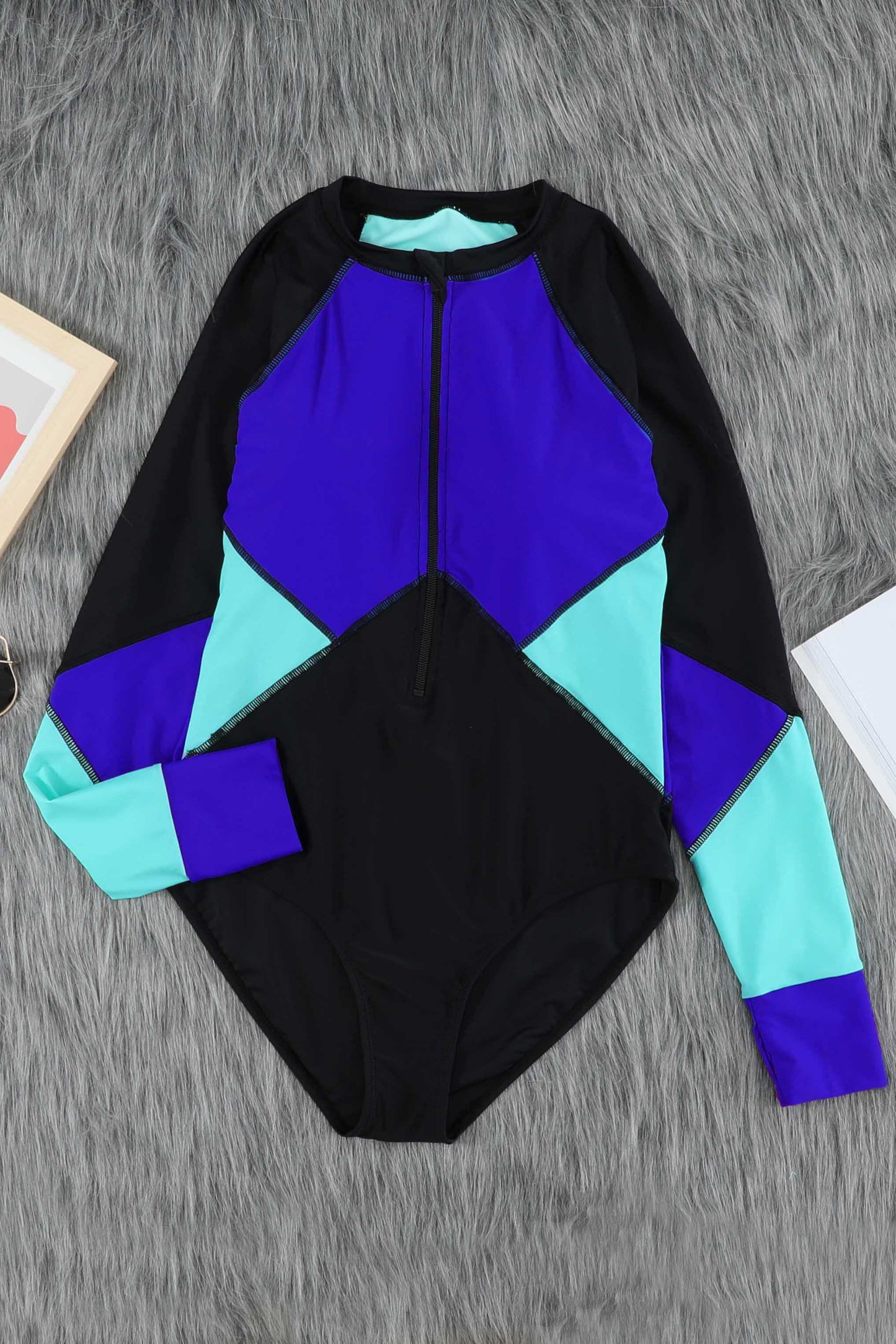 Color Block Half Zip Long Sleeve One-Piece Swimsuit XCLSVAFASHION