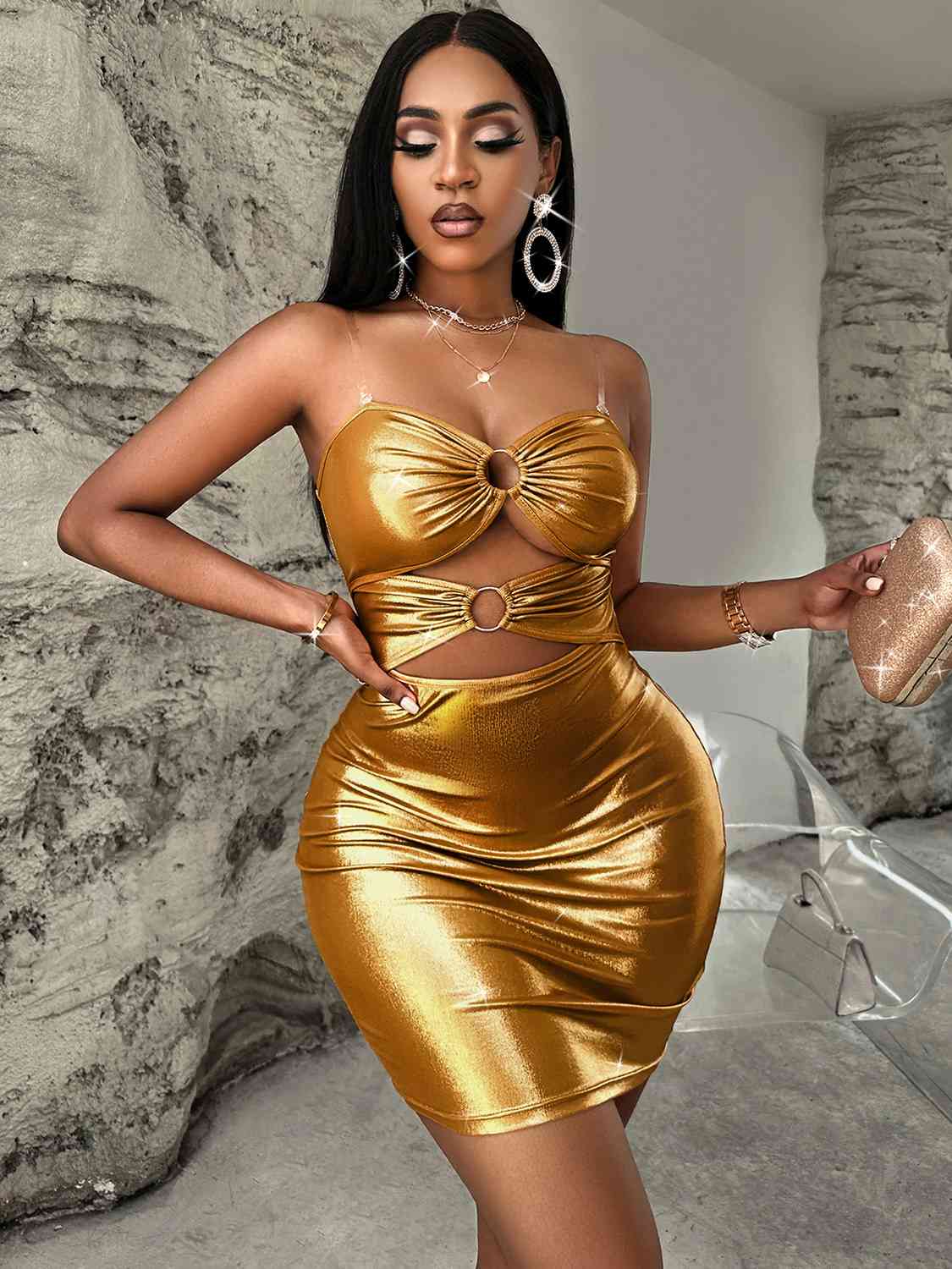 Fashionista Gold Cutout Neck Cami Dress