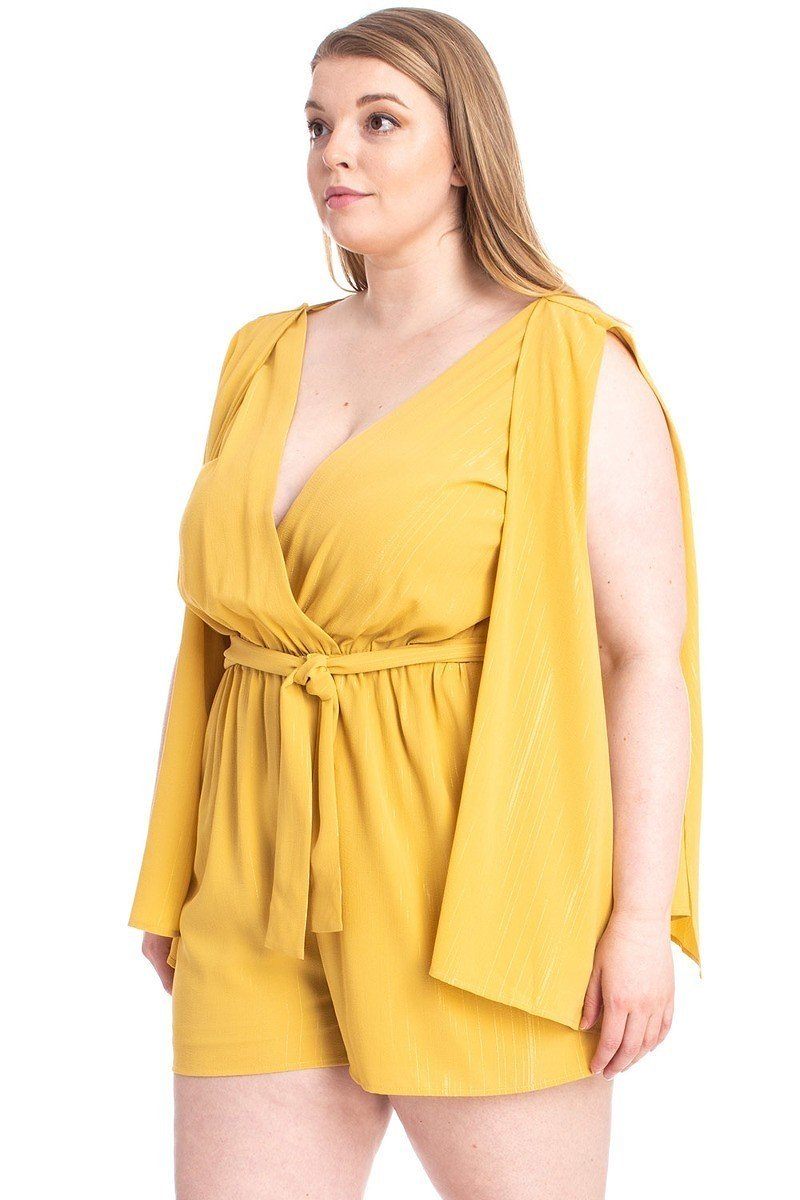 Fashionista Shimmer Yellow Draped Sleeve Romper