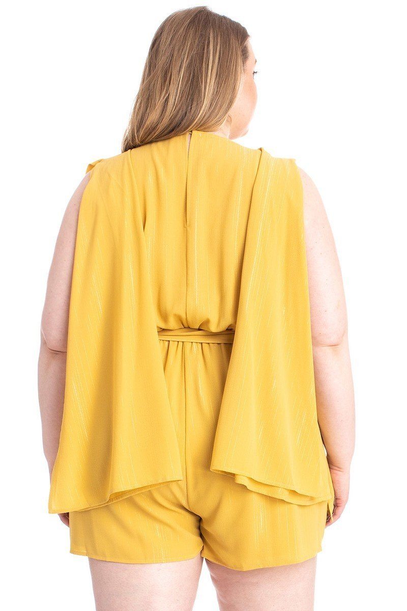 Fashionista Shimmer Yellow Draped Sleeve Romper