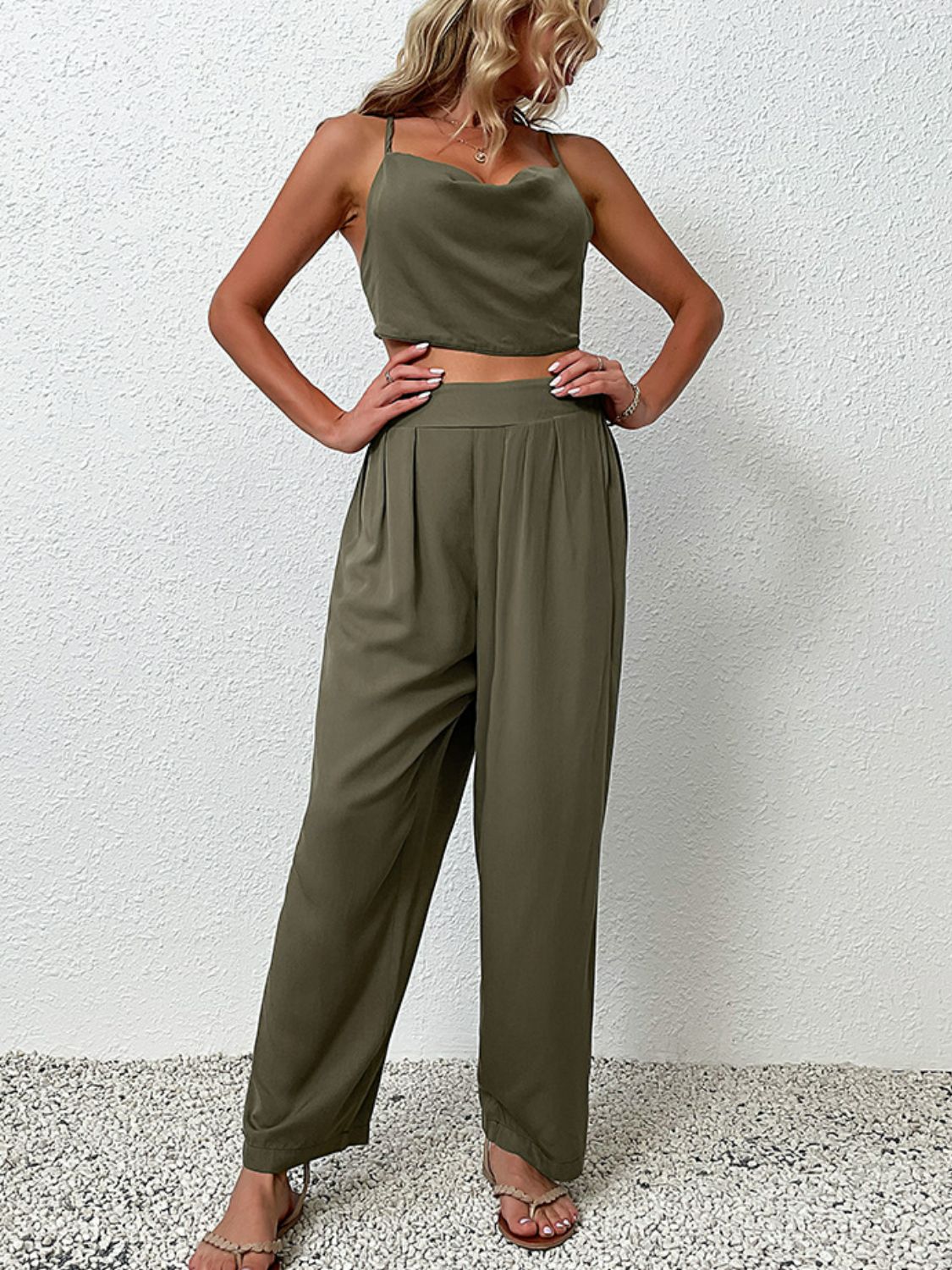 Crisscross Back Cropped Top and Pants Set XCLSVAFASHION