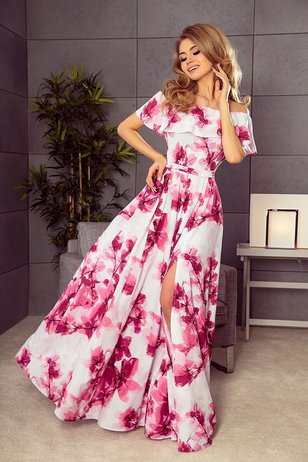 Spanish Pink Flowers Long Dress