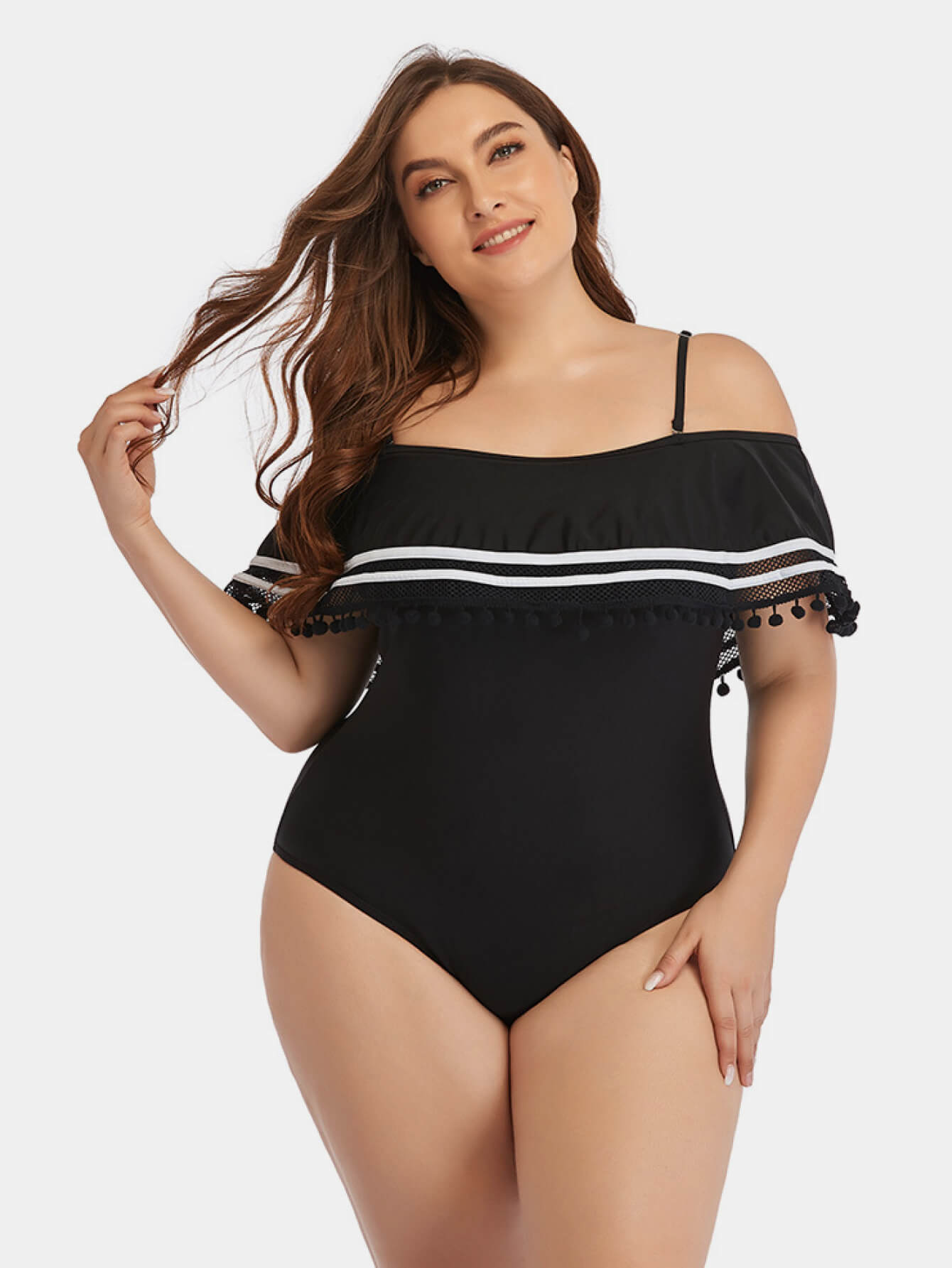 Plus Size Striped Cold-Shoulder One-Piece Swimsuit XCLSVAFASHION
